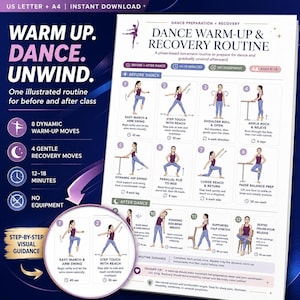 Pode incluir: Um gráfico digital de rotina de aquecimento e recuperação de dança com passos de movimento ilustrados, instruções de texto e ícones. O documento inclui seções para antes e depois da dança, intituladas Dance Warm-Up & Recovery Routine.