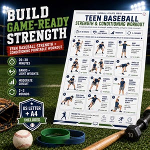 Styrke- och konditionsträning för tonårsbaseboll i PDF-format, utskrivbart träningspass för idrottare, träningsschema, guide till sportcoachning
