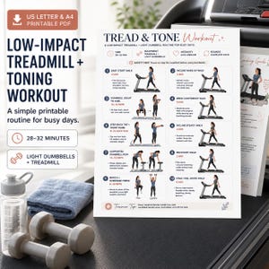 Op de afbeelding: Een printbare trainingsgids getiteld Tread & Tone met een routine in tien stappen voor loopband en lichte dumbbells. Het document bevat illustraties van een persoon die oefent, tijdsduur en instructies voor een sessie van 28-32 minuten.