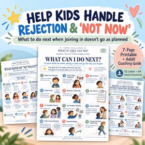 Puede incluir: Una guía de habilidades terapéuticas imprimible de 7 páginas para niños de 7 a 11 años titulada What If They Say No? El documento presenta 12 pasos numerados para manejar el rechazo, incluyendo ilustraciones de niños y una guía para adultos.