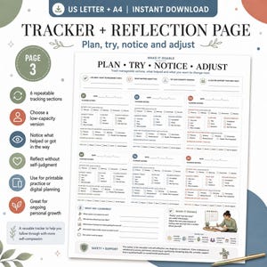 A close-up of the "Tracker + Reflection Page" from the CBT Action Planner, showing sections for "Plan, Try, Notice, Adjust" and "What Happened?"
