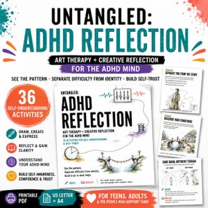 Può includere: Un prodotto digitale intitolato Untangled: ADHD Reflection, una guida di arteterapia e riflessione creativa per la mente ADHD. Include 36 attività di auto-comprensione, con esercizi di disegno e scrittura, disponibile come PDF stampabile in formato A4 e US Letter per adolescenti e adulti.