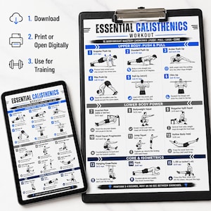 K&ouml;nnte beinhalten: Ein digitaler Trainingsleitfaden mit dem Titel "Essential Calisthenics Workout" auf einem Tablet und einem Klemmbrett. Der Leitfaden enth&auml;lt Diagramme und Anweisungen f&uuml;r verschiedene K&ouml;rpergewichts&uuml;bungen, darunter Liegest&uuml;tze, Kniebeugen und Core-Workouts. Der Text umfasst "Upper Body", "Lower Body Power" und "Core & Isometrics".