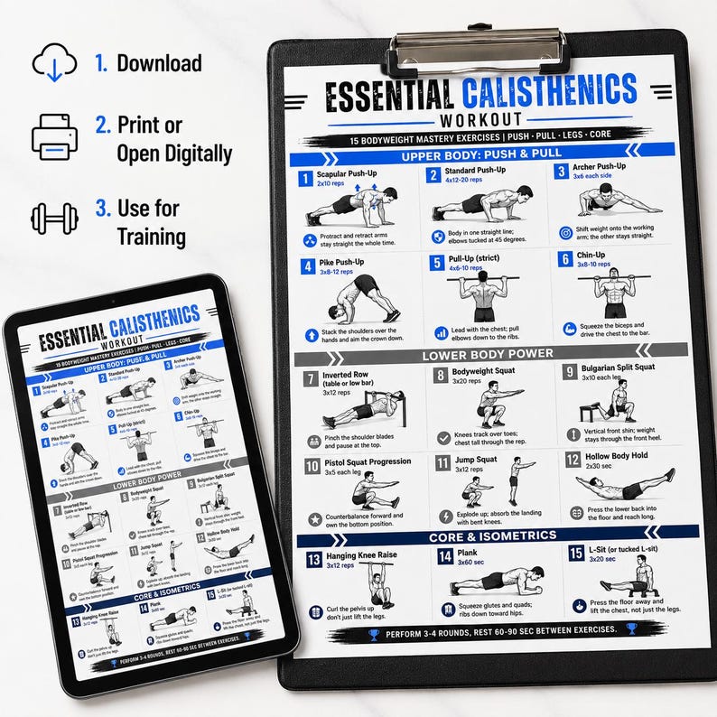 K&ouml;nnte beinhalten: Ein digitaler Trainingsleitfaden mit dem Titel "Essential Calisthenics Workout" auf einem Tablet und einem Klemmbrett. Der Leitfaden enth&auml;lt Diagramme und Anweisungen f&uuml;r verschiedene K&ouml;rpergewichts&uuml;bungen, darunter Liegest&uuml;tze, Kniebeugen und Core-Workouts. Der Text umfasst "Upper Body", "Lower Body Power" und "Core & Isometrics".