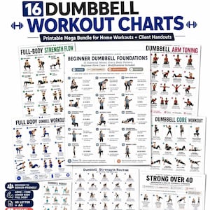 Dumbbell Workout Chart Mega Bundle, 16 Printable Strength Posters for Home Gym, Trainers, PT, Senior Fitness (PDF Download) + Commercial Use