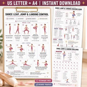 Op de afbeelding: Een digitale danstraininggids getiteld Dance Leap, Jump & Landing Control, met twaalf geïllustreerde oefenstappen, een coachinggids en een uitdagingstracker. De documenten zijn geformatteerd voor US Letter en A4-papierformaten.