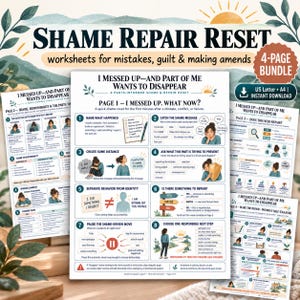 Op de afbeelding: Een 4-pagina werkbladbundel getiteld SHAME REPAIR RESET, met tekst over fouten, schuldgevoelens en herstel. De pagina's bevatten genummerde stappen, illustraties van mensen en reflectiediagrammen, beschikbaar in A4-formaat.