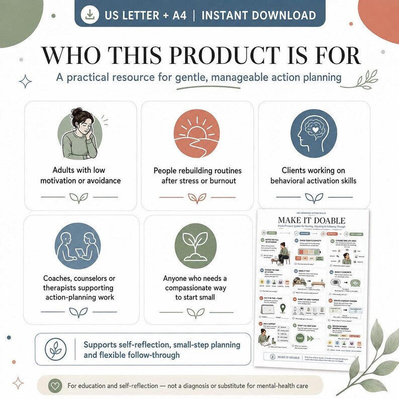 A graphic titled "Who This Product Is For," listing six types of individuals who might benefit from the CBT Action Planner, with corresponding icons.