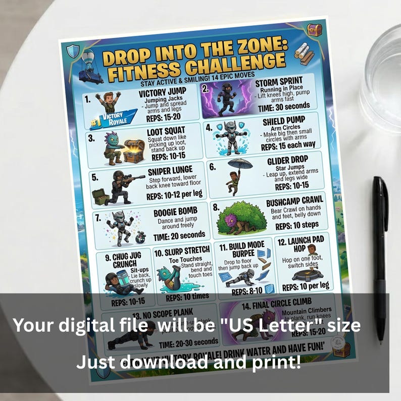 A video game inspired fitness challenge chart featuring 14 illustrated moves with blue headers and character graphics.