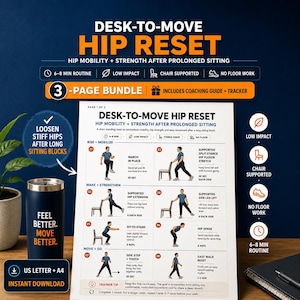 May include: A three-page digital bundle titled Desk-to-Move Hip Reset featuring a mobility and strength routine for after prolonged sitting. The document includes eight illustrated exercises with instructions, a coaching guide, and a tracker.