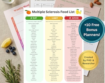 Lista de alimentos para la esclerosis múltiple, dieta autoinmune para EM imprimible, tabla de alimentos que se deben evitar (antiinflamatoria), planificadores y listas de compras adicionales en formato PDF digital.