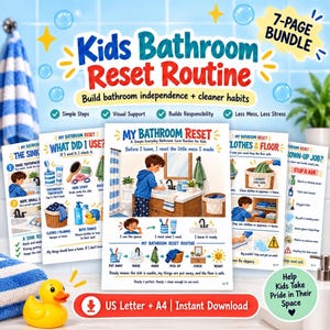 Puede incluir: Un paquete digital de 7 páginas titulado Kids Bathroom Reset Routine con guías ilustradas para niños. Las páginas incluyen listas de verificación para la limpieza del lavabo, ropa y hábitos de baño con texto como My Bathroom Reset.