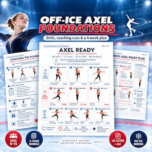 May include: A three-page digital guide titled Off-Ice Axel Foundations featuring instructional diagrams for figure skating drills. The pages include text, numbered steps, and illustrations of a skater performing movements like jumps and landings.