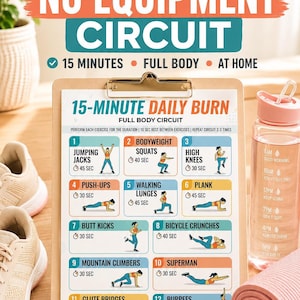 15 Minute Full Body Workout Printable, Quick Home Workout No Equipment, Daily Exercise Routine Chart PDF, Fat Burn Circuit Workout Plan