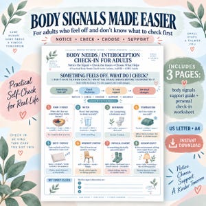Könnte beinhalten: Ein dreiseitiger digitaler Leitfaden mit dem Titel Body Signals Made Easier, der einen Check-in für Körperbedürfnisse und Interozeption für Erwachsene enthält. Das Dokument umfasst acht nummerierte Kategorien zu Nahrung, Wasser, Toilette, Temperatur, Ruhe, Bewegung, körperlichem Komfort und sensorischem Input mit Anleitungen zur Selbstreflexion.