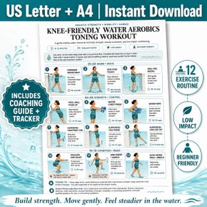 Könnte beinhalten: Ein digitaler Trainingsplan mit dem Titel Knee-Friendly Water Aerobics Toning Workout, der 12 illustrierte Übungen für Kraft und Mobilität im Wasser zeigt. Das Dokument enthält einen Coaching-Leitfaden, Tracker und US Letter sowie A4 Formate.
