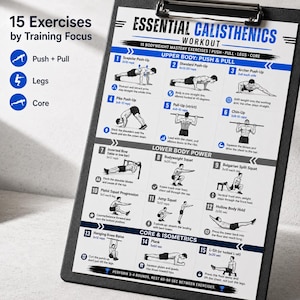 K&ouml;nnte beinhalten: Ein schwarzes Klemmbrett mit einem Trainingsleitfaden mit dem Titel "Essential Calisthenics Workout". Der Leitfaden enth&auml;lt 15 K&ouml;rpergewichts&uuml;bungen, die nach Trainingsschwerpunkten kategorisiert sind: Push + Pull, Beine und Core. Jede &Uuml;bung ist illustriert.