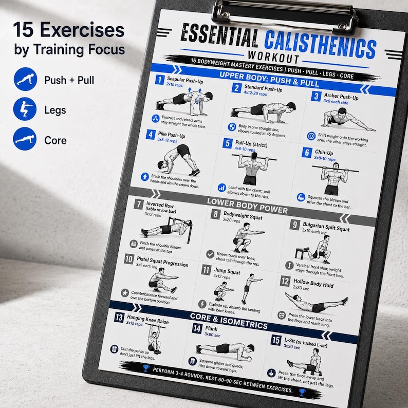 K&ouml;nnte beinhalten: Ein schwarzes Klemmbrett mit einem Trainingsleitfaden mit dem Titel "Essential Calisthenics Workout". Der Leitfaden enth&auml;lt 15 K&ouml;rpergewichts&uuml;bungen, die nach Trainingsschwerpunkten kategorisiert sind: Push + Pull, Beine und Core. Jede &Uuml;bung ist illustriert.