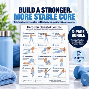 May include: A printable 3-page workout guide titled Deep Core Stability & Control featuring 12 illustrated exercises for balance and posture. The document includes instructions for movements like bird dog holds and side planks, available in US Letter size.