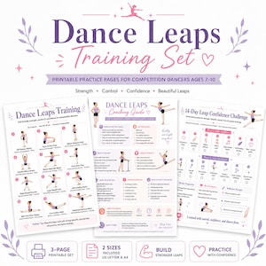 May include: A three-page printable Dance Leaps Training Set featuring a training chart, coaching guide, and 14-day challenge. The pages include illustrations of dancers, instructional text, and checklists in purple and pink on a white background.