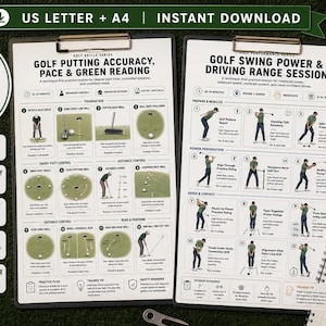 Puede incluir: Dos guías de entrenamiento de golf en portapapeles, con diagramas y texto sobre precisión en el putt y potencia de swing. Incluye dos rastreadores de ejercicios, una pelota de golf y un tee. Las guías se titulan Golf Putting Accuracy, Pace & Green Reading y Golf Swing Power & Driving Range Session, con opciones de tamaño US Letter y A4.