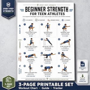 Plan de entrenamiento de fuerza para jóvenes (imprimible), tabla de ejercicios con peso corporal para atletas adolescentes.