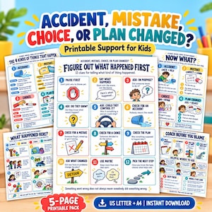 May include: A five-page printable educational support pack for kids titled Accident, Mistake, Choice, or Plan Changed? featuring colorful charts, diagrams, and step-by-step guides to help children identify and navigate different types of situations.