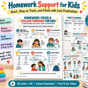 Kids Homework Routine Printable | Focus, Task Initiation | Prevent At-Home School Work Meltdowns