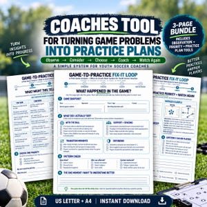 Op de afbeelding: Een driedelige digitale coachingstool voor jeugdvoetbaltrainers. De documenten bevatten de titel Coaches Tool for Turning Game Problems into Practice Plans, met secties voor wedstrijdanalyses, observatielijsten en trainingsschema's.