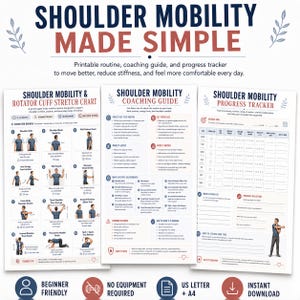 Tabla de ejercicios de movilidad de hombro en PDF, rutina de estiramiento del manguito rotador, registro de rehabilitación de hombro, ejercicios posturales imprimibles