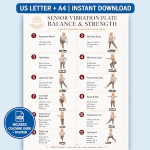 May include: A digital exercise chart titled Senior Vibration Plate Balance & Strength, featuring twelve numbered illustrations of a person performing standing movements on a vibration plate, with text instructions for each routine and a PDF icon.