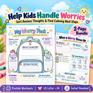Peut inclure: Un ensemble de deux feuilles de travail imprimables intitulées My Worry Pack et When a Worry Shows Up. Les pages présentent une illustration de sac à dos bleu clair, des invites textuelles pour trier les pensées anxieuses et des espaces.