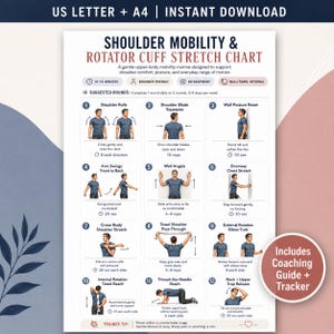 May include: A digital Shoulder Mobility & Rotator Cuff Stretch Chart featuring twelve numbered exercise illustrations with instructions, time durations, and repetition counts. The document includes a trainer tip and a coaching guide tracker.