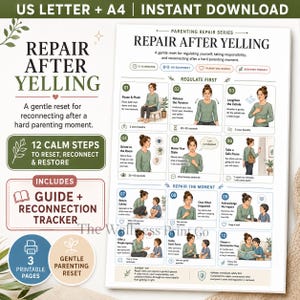 Repair After Yelling Printable, Parenting Accountability Scripts, Emotional Regulation Guide, Reconnection Tracker PDF