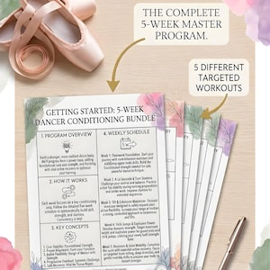 May include: A dancer conditioning bundle with a 5-week master programme. The bundle includes 5 targeted workouts. The programme overview and weekly schedule are detailed on the included cards. Ballet shoes are visible.