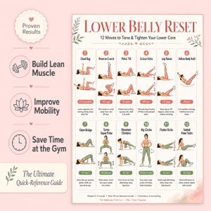 May include: A pink and white illustrated guide titled "LOWER BELLY RESET" with 12 exercises to tone and tighten the lower core. The guide includes illustrations of each exercise, such as Dead Bug and Leg Raises, with instructions and rep counts.
