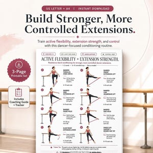 Flexibilidad activa para bailarines, ejercicios de extensión de ballet, acondicionamiento con bandas de resistencia, entrenamiento en barra (PDF)