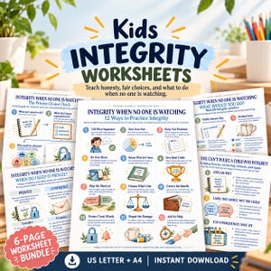 May include: A six-page digital worksheet bundle titled Kids Integrity Worksheets, featuring educational content on honesty and fair choices. The pages include numbered lists, illustrations of a lock, a trophy, a scale, and text instructions.