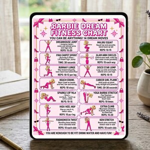 A tablet displaying a pink Barbie themed fitness chart with 14 illustrated exercise moves against a background with shoes and silhouettes.