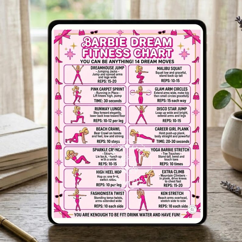A tablet displaying a pink Barbie themed fitness chart with 14 illustrated exercise moves against a background with shoes and silhouettes.