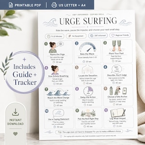 May include: A printable DBT-informed coping skill guide titled Urge Surfing, featuring twelve numbered steps with illustrations and instructions for managing impulses, including a tracker, available in US Letter and A4 sizes for instant download.