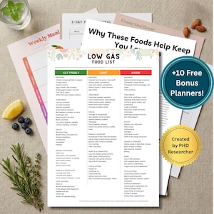 May include: A collection of printed papers, including a "Low Gas Food List" with "Eat Freely," "Limit," and "Avoid" sections. The image also features a "Weekly Meal" planner, a glass of water, blueberries, and a lemon.