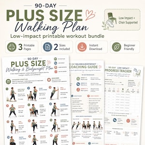 May include: A 90-day plus size walking plan printable workout bundle featuring three pages including a walking and bodyweight plan, a coaching guide, and a progress tracker. The documents include illustrations of exercises, text instructions, and icons.