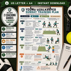 Plan de entrenamiento de porteros juveniles para los domingos (imprimible), guía de entrenamiento de fútbol