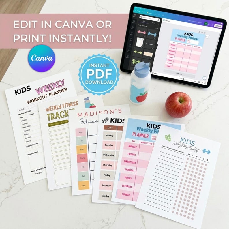 Printable kids weekly fitness planners and habit trackers displayed on a marble surface alongside a tablet and apple.