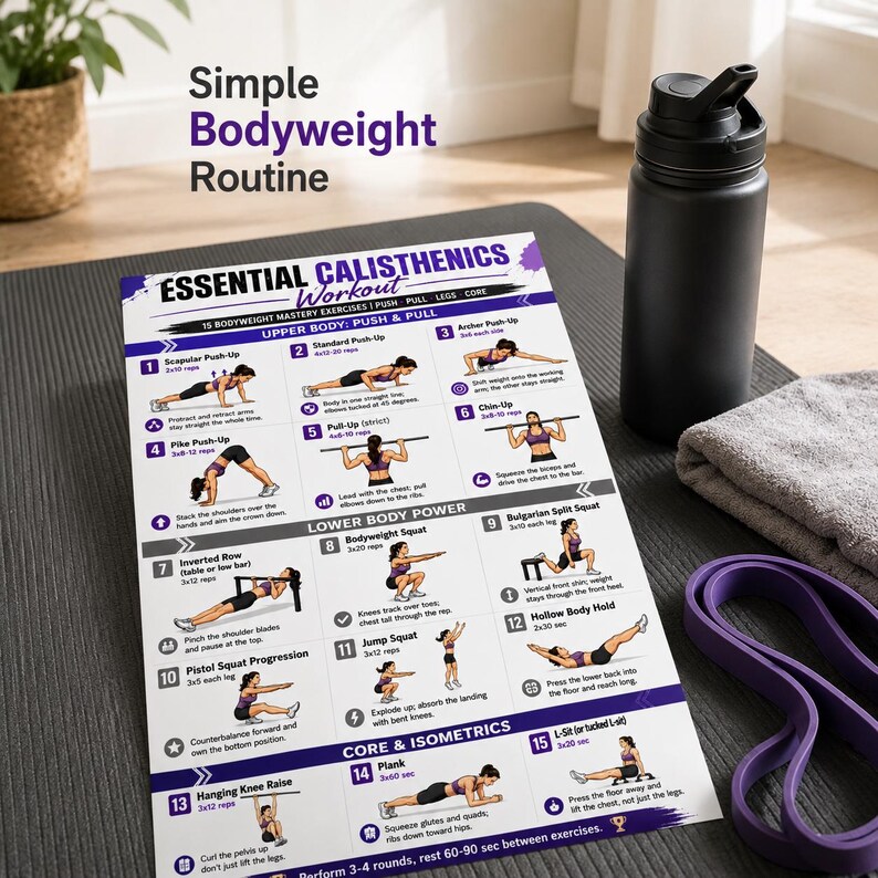 K&ouml;nnte beinhalten: Ein Fitness-Bild mit einem Trainingsplan, einer schwarzen Wasserflasche, einem grauen Handtuch und einem lila Widerstandsband. Der Plan zeigt verschiedene K&ouml;rpergewichts&uuml;bungen mit Illustrationen und Anweisungen. Der Text lautet "Essential Calisthenics Workout."