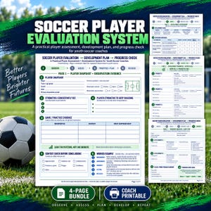 Utskriftbar utvärdering av fotbollsspelare för ungdomstränare, utvecklingsplan och framstegsrapport i PDF-format