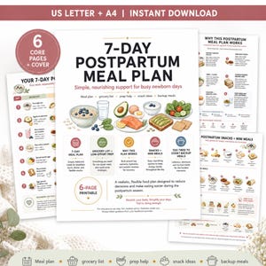 May include: A 7-day postpartum meal plan printable document featuring a cover page with illustrations of healthy food like salmon, avocado, and oatmeal. The text includes 7-DAY POSTPARTUM MEAL PLAN, Simple, nourishing support for busy newborn days, and 6-PAGE PRINTABLE.