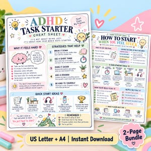 Może przedstawiać: Dwustronicowa ściąga i narzędzie wspierające ADHD z ilustracjami w pastelowych kolorach, w tym mózgiem, żarówką i górą. Tekst zawiera strategie takie jak dzielenie zadań na mniejsze kroki oraz używanie krótkiego minutnika.