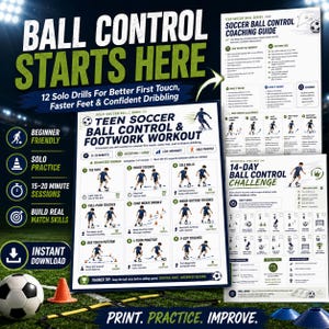 Puede incluir: Una guía de entrenamiento de fútbol digital con tres pósteres instructivos titulados Ball Control Starts Here, Teen Soccer Ball Control & Footwork Workout y 14-Day Ball Control Challenge, que muestran diagramas de ejercicios y rutinas.